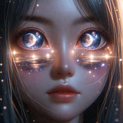 The primary subject of the image is a doll with a unique and creative appearance. The doll has a face with two eyes, one on each side, and a mouth. The setting is a nighttime scene with a moon visible in the background. The visual style is a combination of digital art and illustration, creating a surreal and dreamy atmosphere. The colors and mood of the image are predominantly dark, with the moon and the doll's eyes being the main sources of light.